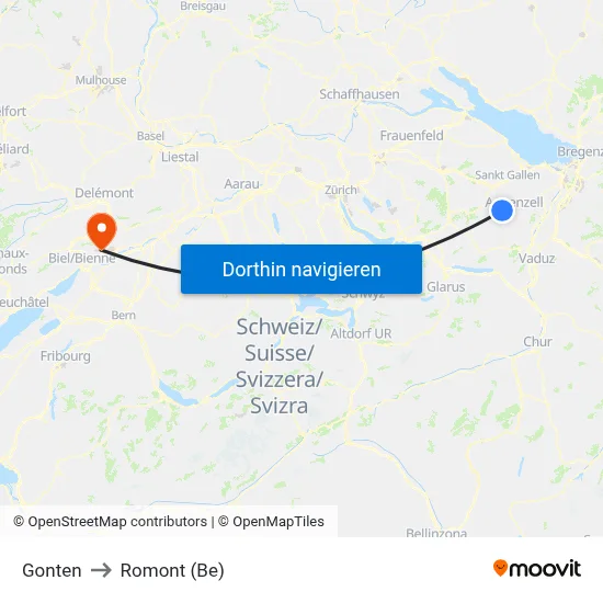 Gonten to Romont (Be) map