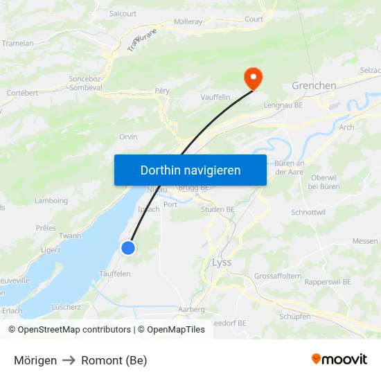 Mörigen to Romont (Be) map