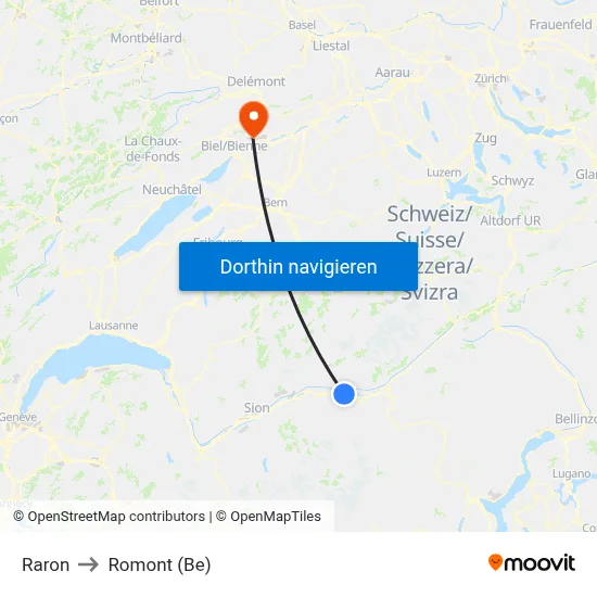 Raron to Romont (Be) map