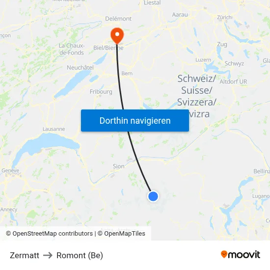 Zermatt to Romont (Be) map