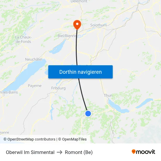Oberwil Im Simmental to Romont (Be) map
