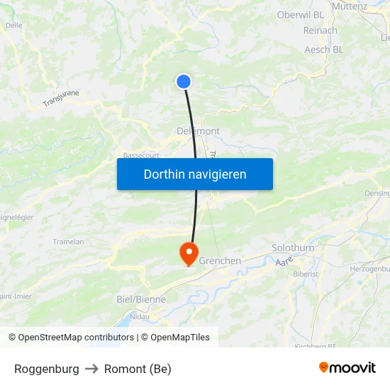 Roggenburg to Romont (Be) map