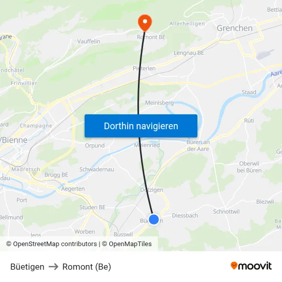 Büetigen to Romont (Be) map