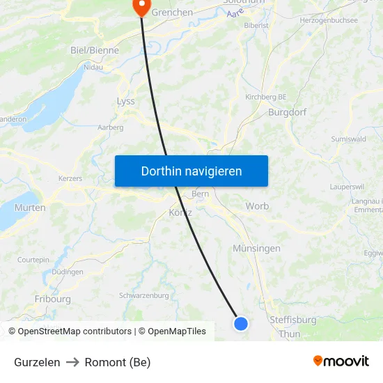 Gurzelen to Romont (Be) map