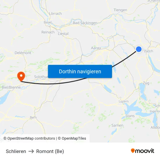 Schlieren to Romont (Be) map