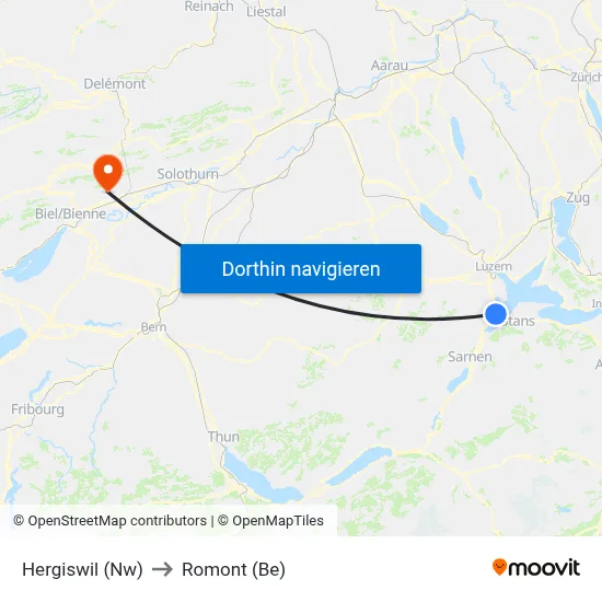 Hergiswil (Nw) to Romont (Be) map
