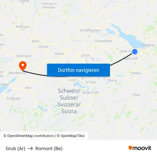 Grub (Ar) to Romont (Be) map