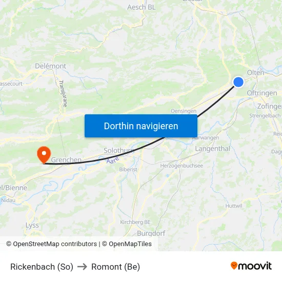 Rickenbach (So) to Romont (Be) map