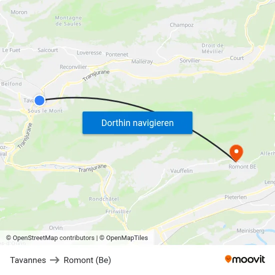 Tavannes to Romont (Be) map
