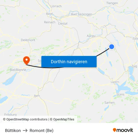 Büttikon to Romont (Be) map