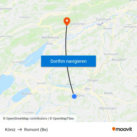 Köniz to Romont (Be) map
