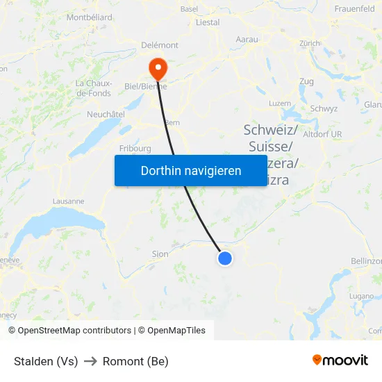 Stalden (Vs) to Romont (Be) map