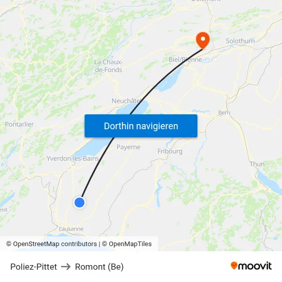 Poliez-Pittet to Romont (Be) map