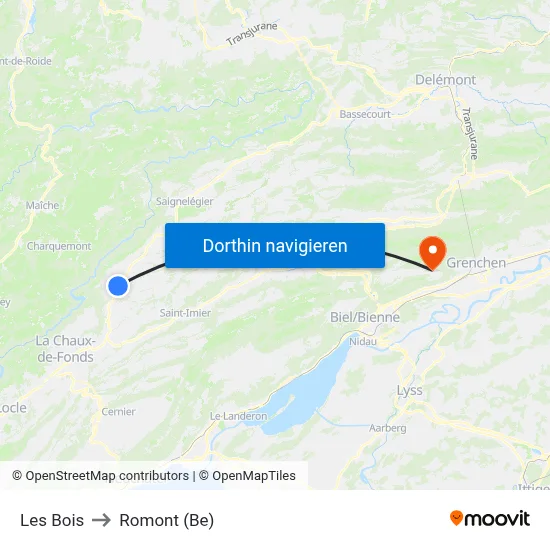 Les Bois to Romont (Be) map