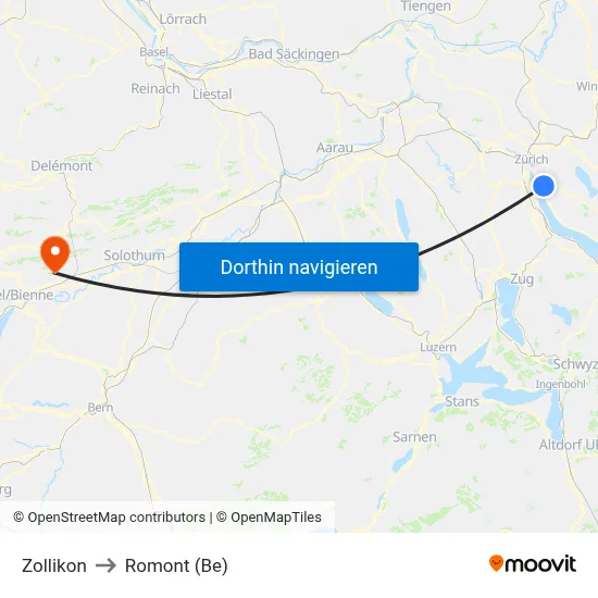 Zollikon to Romont (Be) map