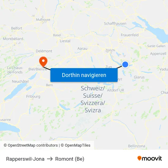 Rapperswil-Jona to Romont (Be) map