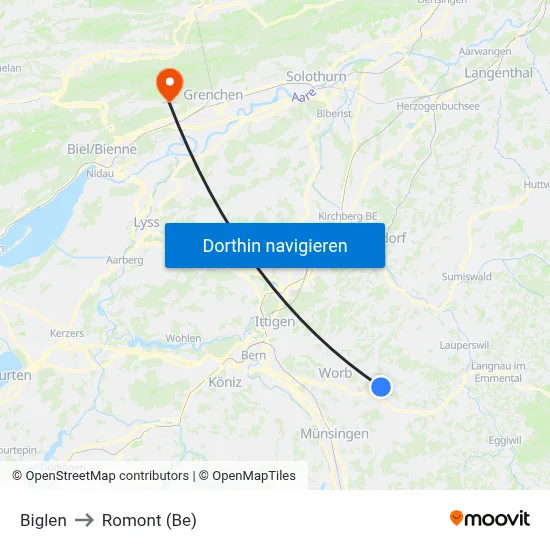 Biglen to Romont (Be) map