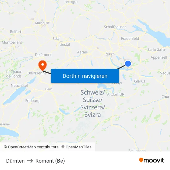 Dürnten to Romont (Be) map