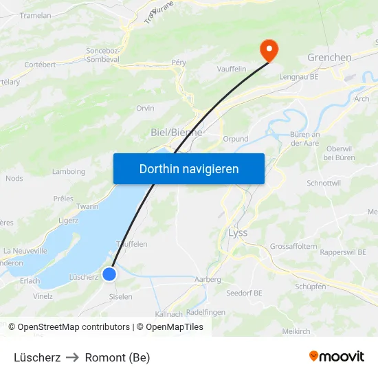 Lüscherz to Romont (Be) map