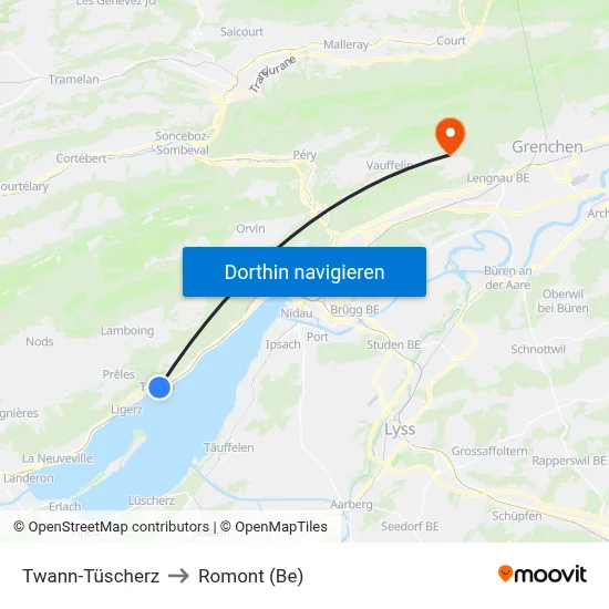 Twann-Tüscherz to Romont (Be) map
