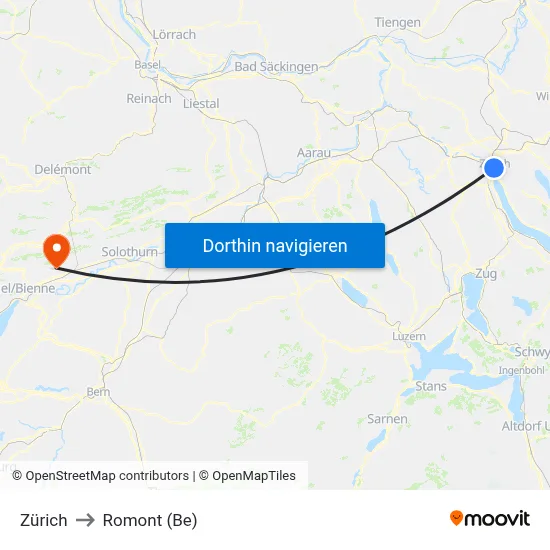 Zürich to Romont (Be) map
