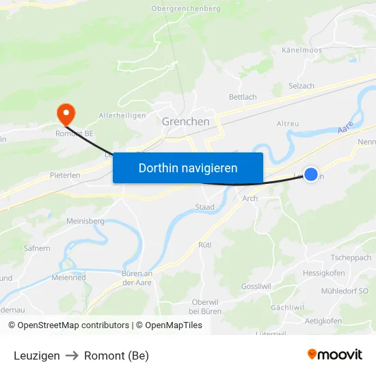 Leuzigen to Romont (Be) map