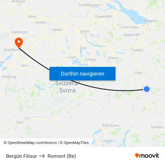 Bergün Filisur to Romont (Be) map