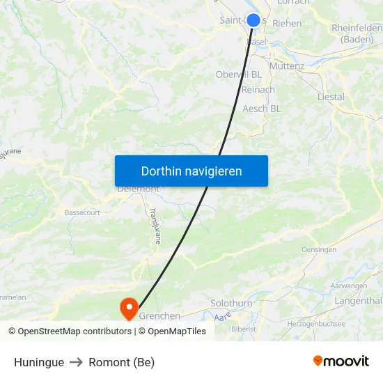 Huningue to Romont (Be) map