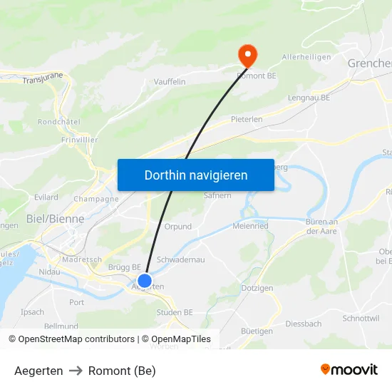 Aegerten to Romont (Be) map