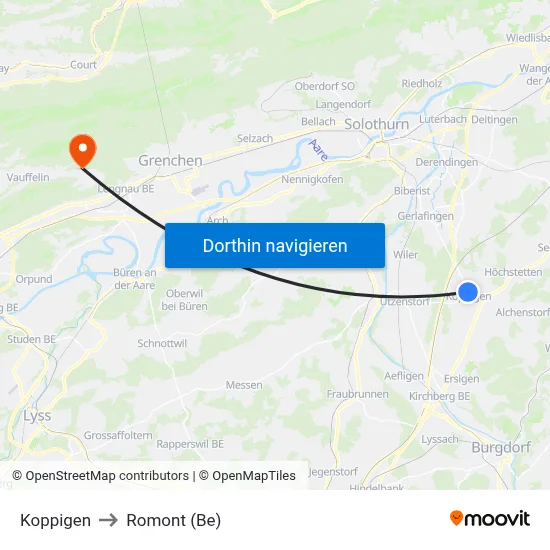Koppigen to Romont (Be) map