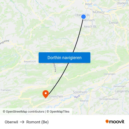 Oberwil to Romont (Be) map