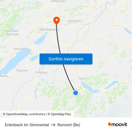 Erlenbach Im Simmental to Romont (Be) map