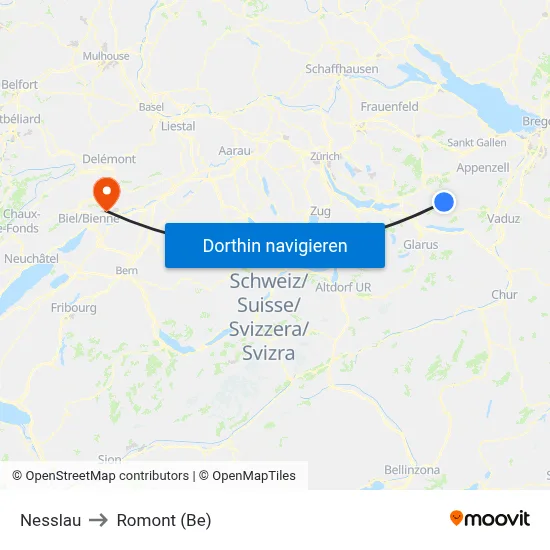Nesslau to Romont (Be) map