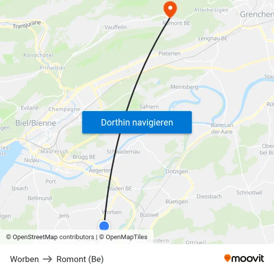 Worben to Romont (Be) map
