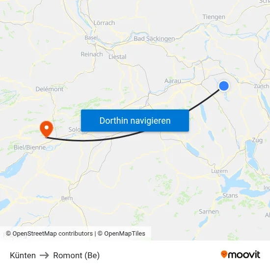 Künten to Romont (Be) map