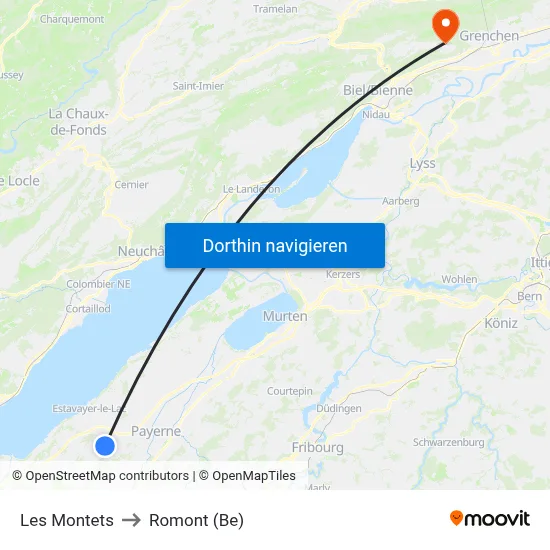 Les Montets to Romont (Be) map