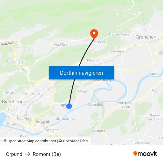 Orpund to Romont (Be) map