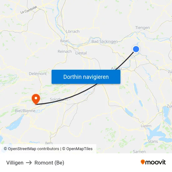 Villigen to Romont (Be) map