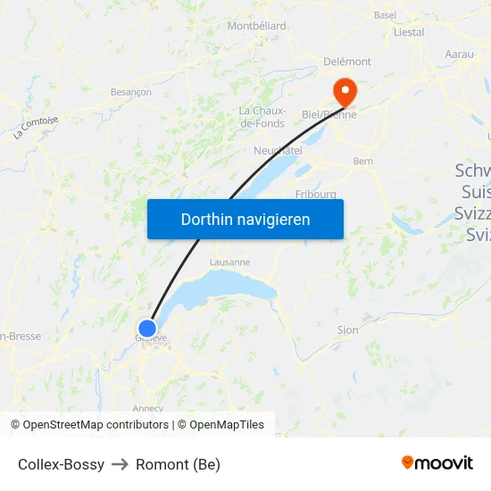 Collex-Bossy to Romont (Be) map
