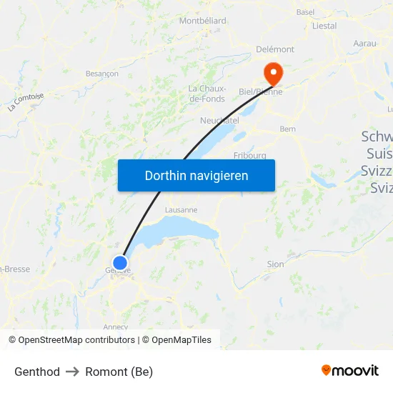 Genthod to Romont (Be) map