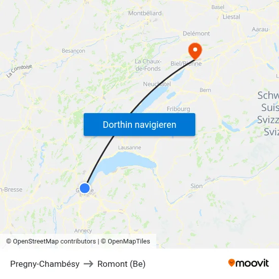 Pregny-Chambésy to Romont (Be) map