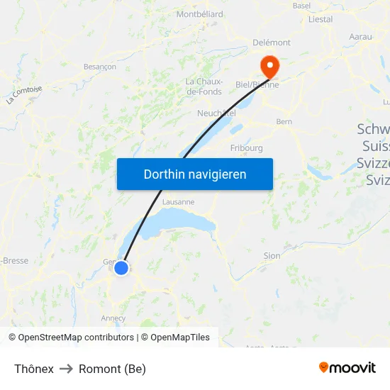 Thônex to Romont (Be) map