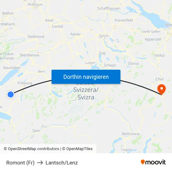 Romont (Fr) to Lantsch/Lenz map