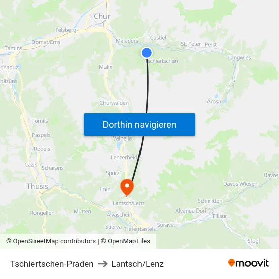 Tschiertschen-Praden to Lantsch/Lenz map