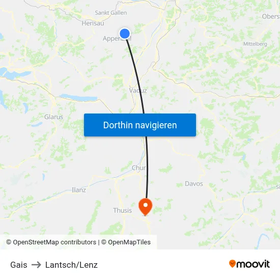 Gais to Lantsch/Lenz map