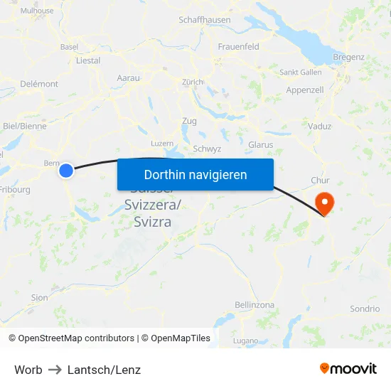 Worb to Lantsch/Lenz map