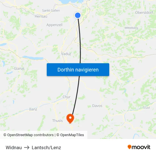 Widnau to Lantsch/Lenz map