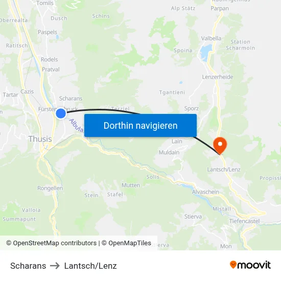Scharans to Lantsch/Lenz map