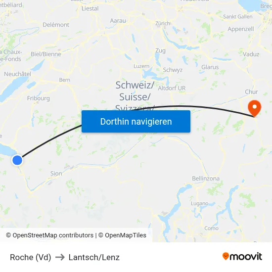 Roche (Vd) to Lantsch/Lenz map