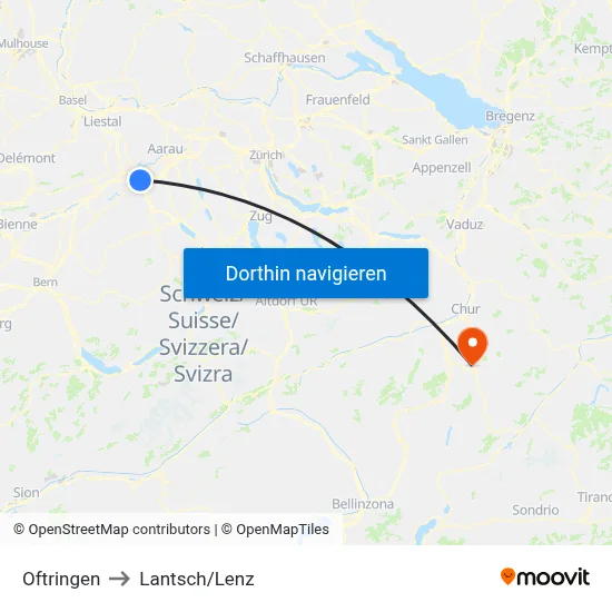 Oftringen to Lantsch/Lenz map
